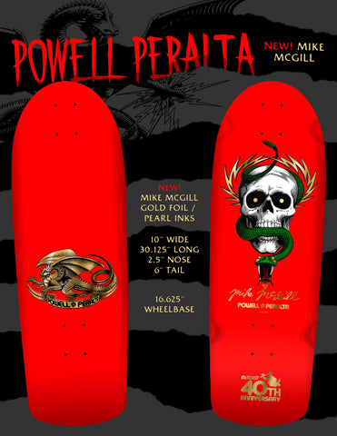 POWELL PERALTA MIKE MCGILL 40th ANNIVERSARY SKATEBOARD DECK - RED/GOLD FOIL